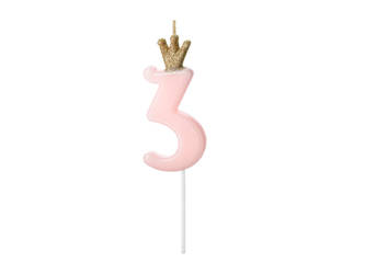 Birthday candle 3 with crown, bright pink
