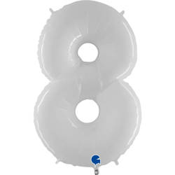 Foil balloon digit 8, white shiny 102cm grabo