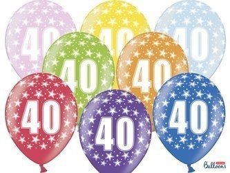 Latex balloons with number '40', 30cm metallic mix various colors (1 op. / 6 pcs.)