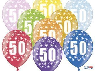 Latex balloons with number '50', 30cm metallic mix various colors (1 op. / 6 pcs.)