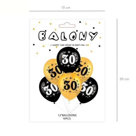 A set of balloons for 30th birthday, black and gold, 30cm, 10pcs