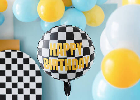 Chessboard-pattern foil balloon, Happy Birthday, 45cm