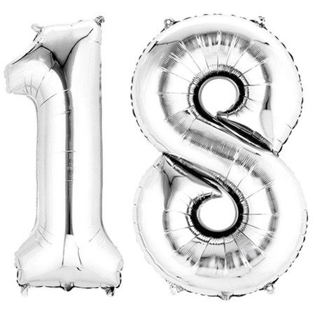 Foil balloons Numbers 18 Birthday Silver 100cm, set at eighteen
