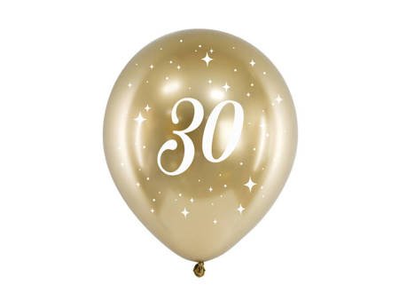 Glossy balloons 30th birthday, golden chrome, 30cm, 6 pcs