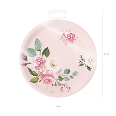 Paper Pink Plates in Flowers, 6 Pcs