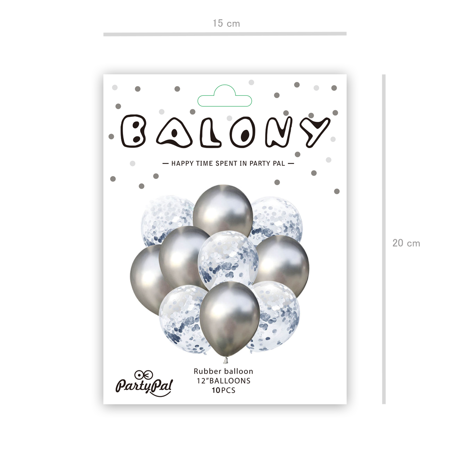 Silver chrome balloons set with confetti, 30cm, 10 pieces