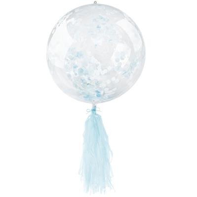 Transparent balloon with blue confetti and fringes, 45 cm