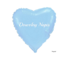 Blue, heart-shaped foil balloon with a custom message