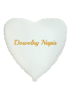 White, heart-shaped foil balloon with a custom message