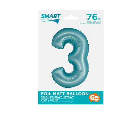 Folienballon Zahl 3 blau matt Smart, 76cm