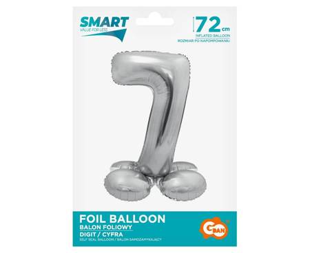 Folienballon, stehende Zahl 7, Silber, 72 cm