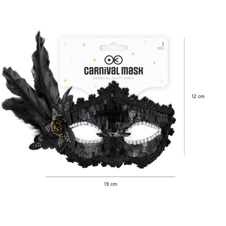 Maska karnawałowa z piórami, czarna, 22cm