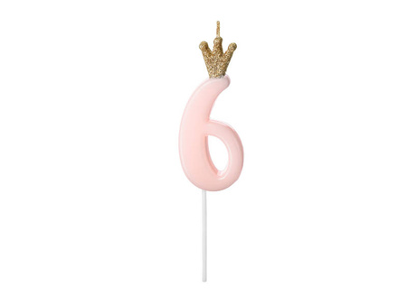 Geburtstagskerze Nummer 6 mit Krone, hellrosa