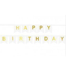 Girlanda urodzinowa Happy Birthday Biała, złoty napis, 20cm