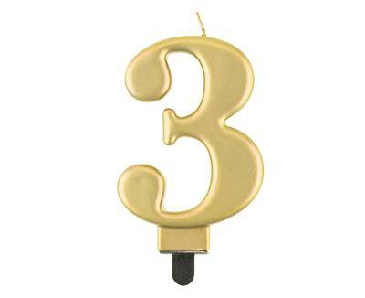 Kerze Nummer 3, Goldmetallic, 8 cm