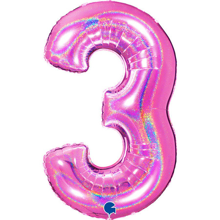 Folienballon Nummer 3, Holographie fuchsia rosa 102 cm Grabo