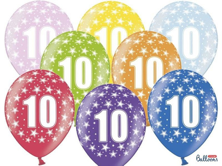 Latex balloons printed with '10' birthday, Metallic Mix, 30cm, 6 pcs.