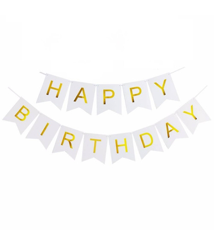 Geburtstagsgirlande Happy Birthday Weiß, goldener Schriftzug, groß