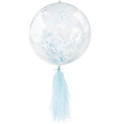 Balon przezroczysty z niebieskim konfetti i frędzlami, 45cm