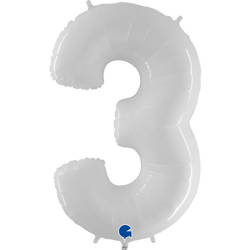 Foil balloon digit 3, white Shiny 102cm Grabo
