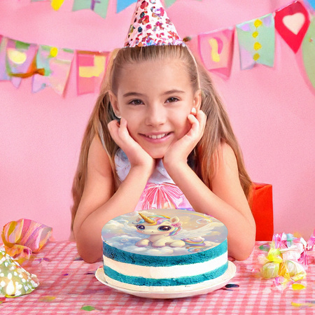 Einhorn Tortenaufleger rund 20 cm premium, vegan, glutenfrei, zugeschnitten