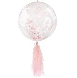 Balon przezroczysty z różowo-czerwonym konfetti i frędzlami, 45cm