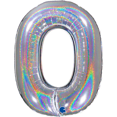 Foil balloon digit 0, Silver Holographic 102 cm Grabo