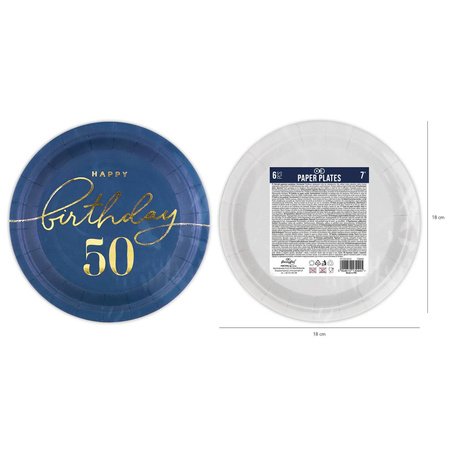 aper plate Happy Birthday 50, navy blue 18cm 6pcs.