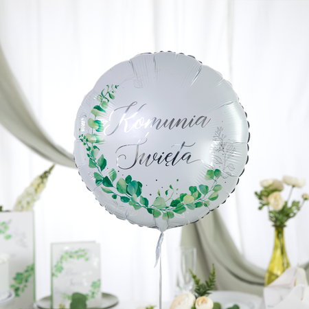 Balon foliowy okrągły Pierwsza Komunia Święta, srebrny, 46 cm