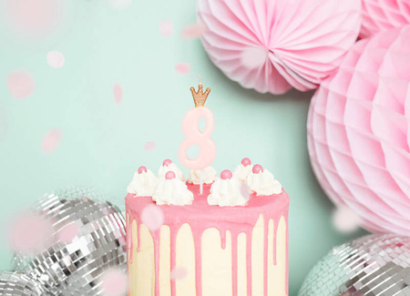 Birthday candle 8 with crown, bright pink