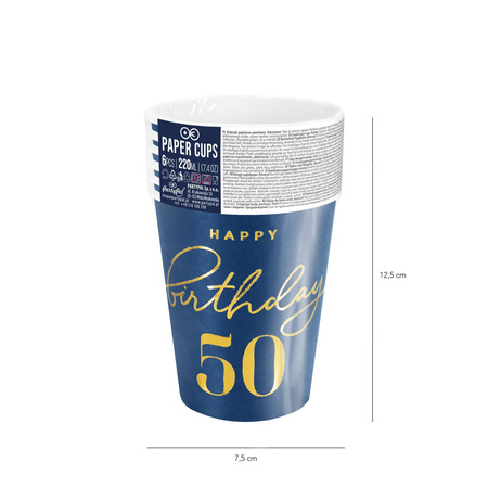 Happy Birthday cups 50, navy blue 220ml 6 pcs.