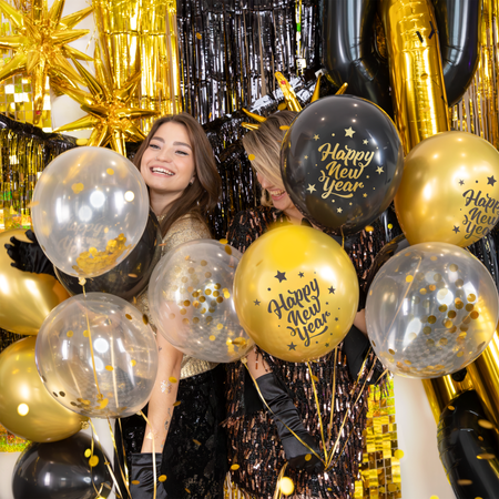 Biodegradable Happy New Year Balloons Black and Gold – 8-Piece Set