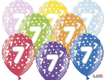 Balony lateksowe z nadrukiem '7' na urodziny, Metaliczne Mix, 30cm, 6 szt.