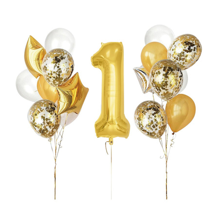 Set of balloons 1 Birthday, one year gold white 16 el.