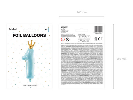 Balon foliowy Cyfra 1 z koroną na Roczek, błękit, 90cm