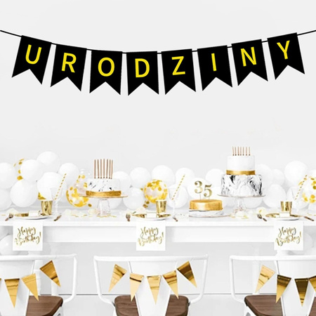 Geburtstagsbanner, Schwarz Gold, URODZINY Schriftzug, 16.5x11.5 cm