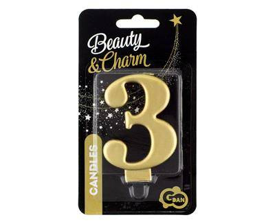 Kerze Nummer 3, Goldmetallic, 8 cm