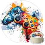 Bunter Gamer Controller Tortenaufleger rund 20 cm premium, vegan, glutenfrei, zugeschnitten