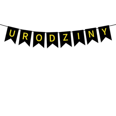 Geburtstagsbanner, Schwarz Gold, URODZINY Schriftzug, 16.5x11.5 cm
