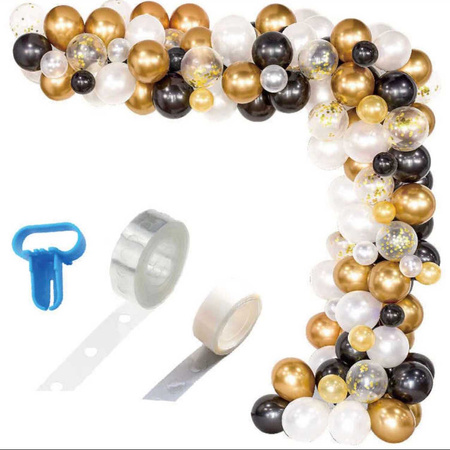 Ballongirlande, Schwarz-Weiß-Gold XXL-Set, 130 el.