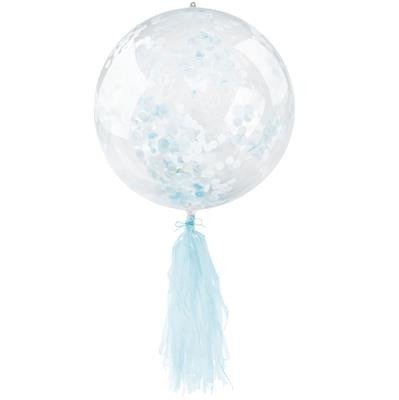 Balon przezroczysty z niebieskim konfetti i frędzlami, 45cm