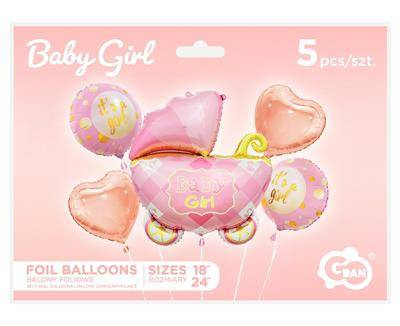 Foil balloons - stroller, pink, 5 pcs