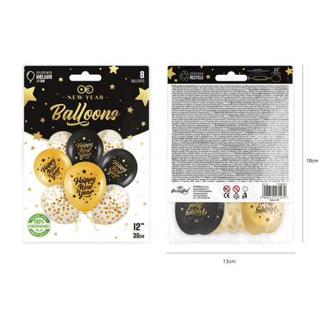 Biodegradable Happy New Year Balloons Black and Gold – 8-Piece Set