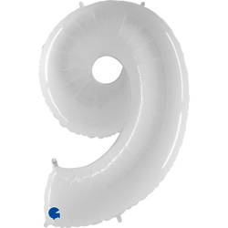 Foil balloon digit 9, white shiny 102cm grabo