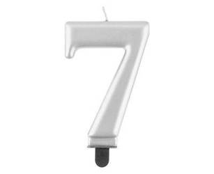 Nummer 7 Kerze, metallisch silber 8 cm