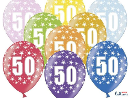 Latex balloons with number '50', 30cm metallic mix various colors (1 op. / 6 pcs.)