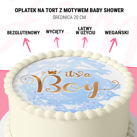 Opłatek na tort Baby Shower Boy okrągły 20 cm premium, wegański, bezglutenowy, wycięty