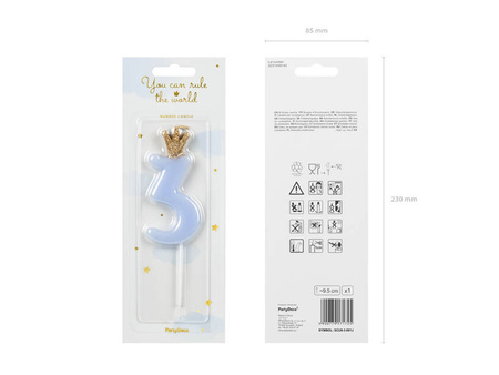 Birthday candle 3 with crown, bright blue