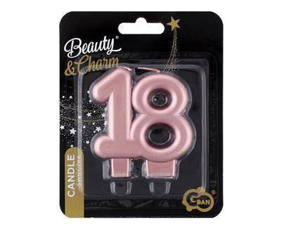 Nummer 18 Geburtstag Kerze, metallisch rosa und gold, 8 cm