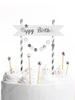 TOPPER for the cake "Happy Birthday" silver pompoms